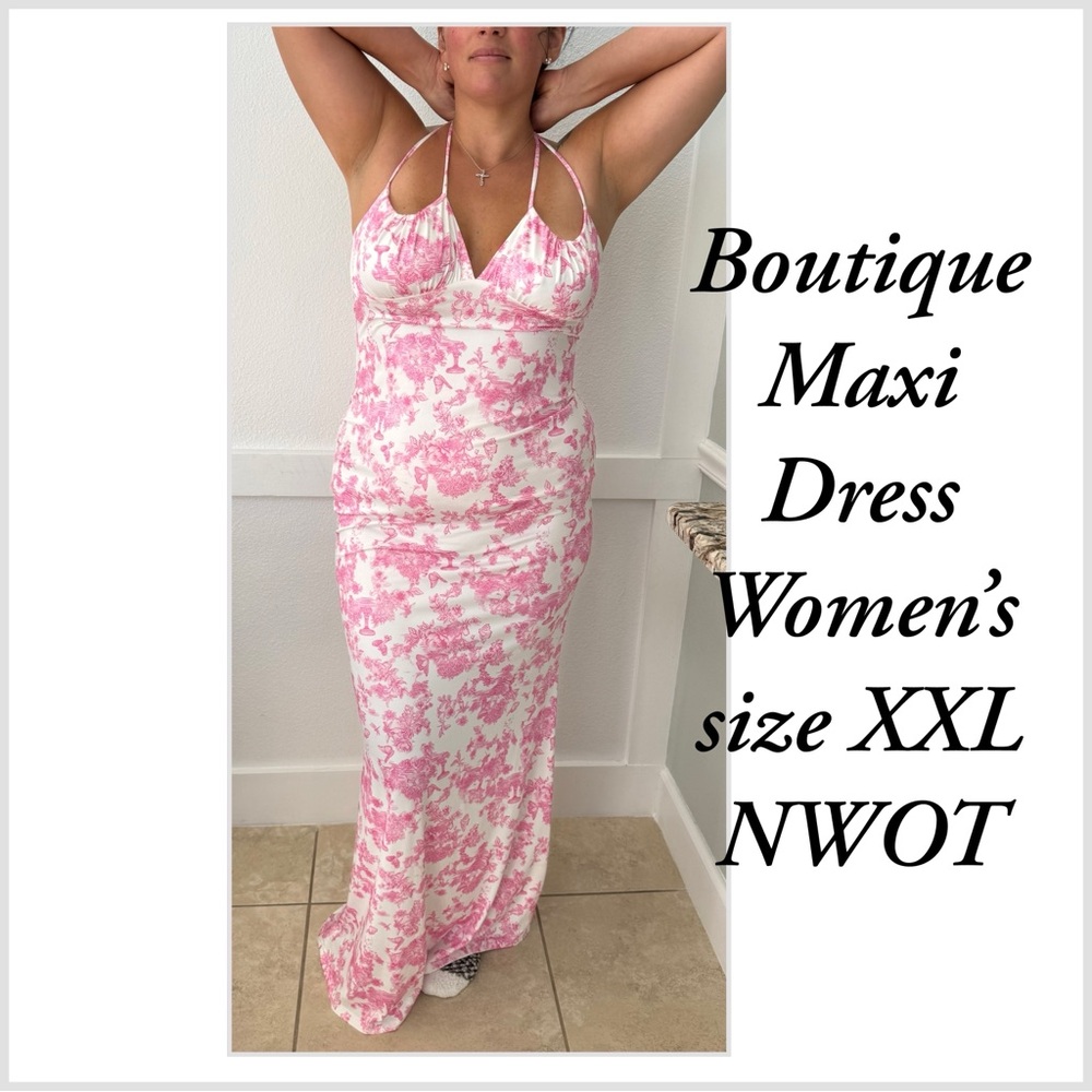 Pink & White floral Maxi Dress XXL strappy halter sleeveless NWOT